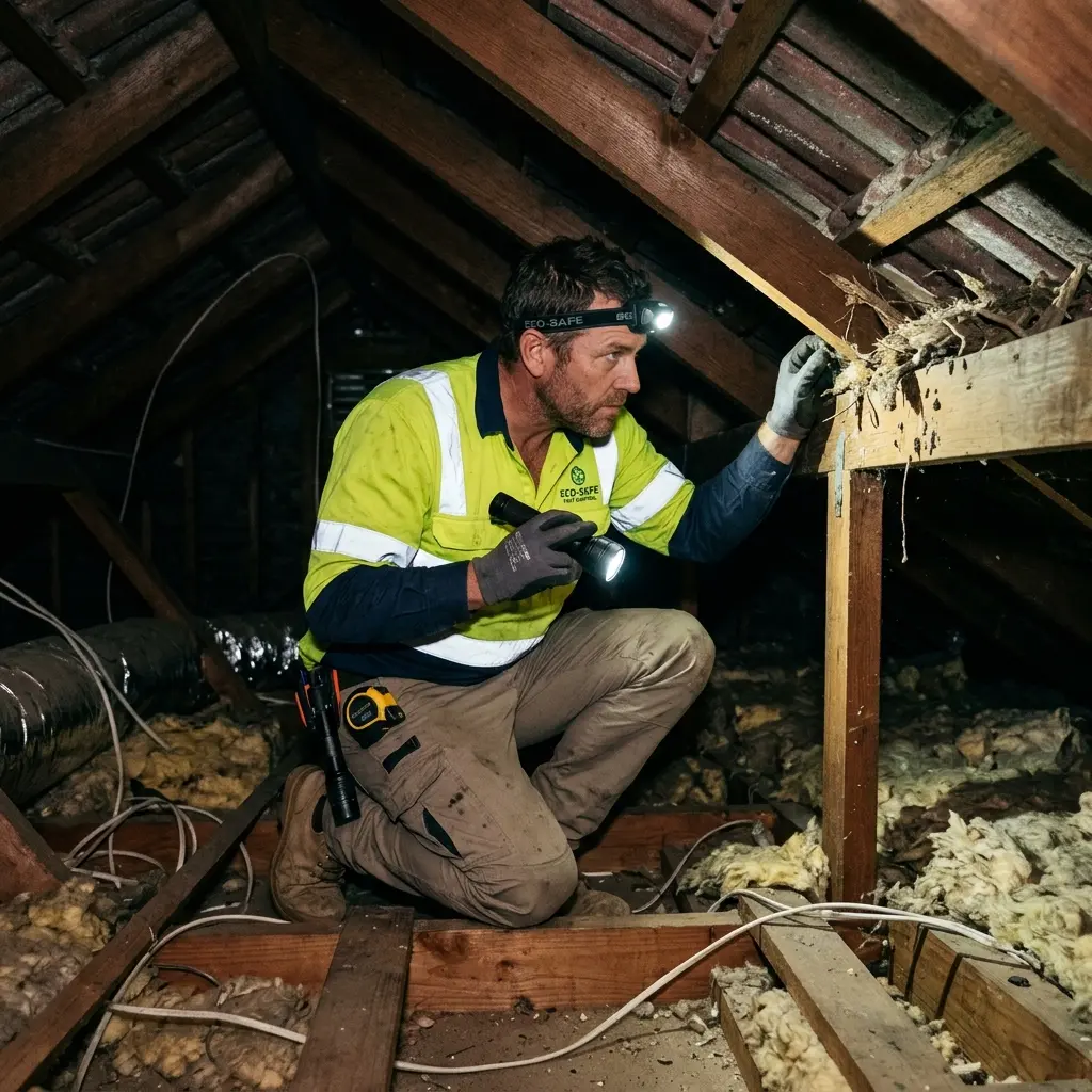 Technician inspecting a roof cavity for a dead animal in Montrose