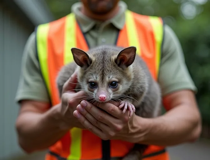 Animal handler safely recovering a deceased possum in Montrose