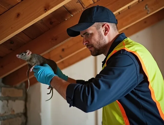 Technician inspecting a roof cavity for a dead rat in Montrose